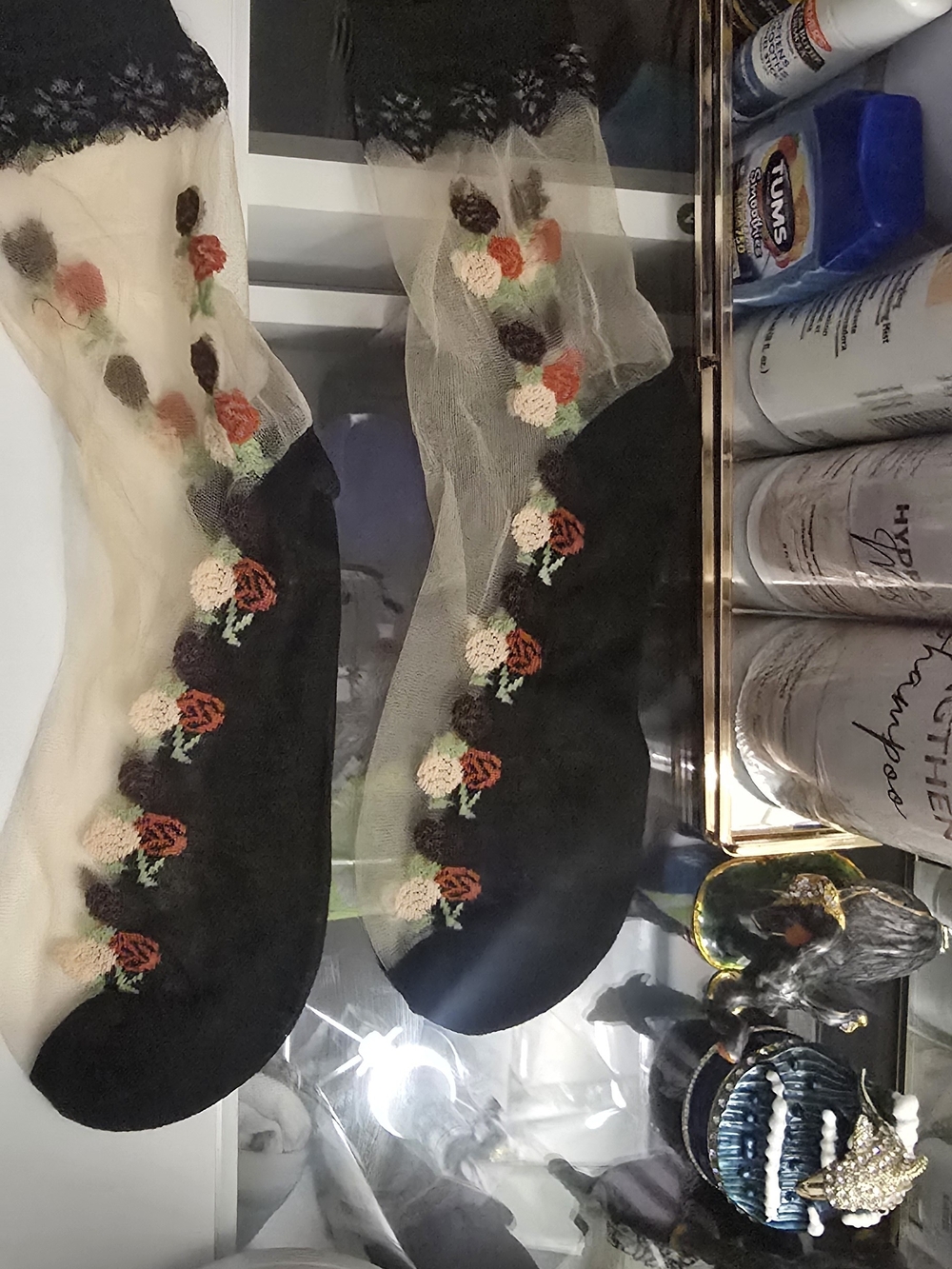 Sheer Floral Embroidered Ankle Socks - Black & Cream